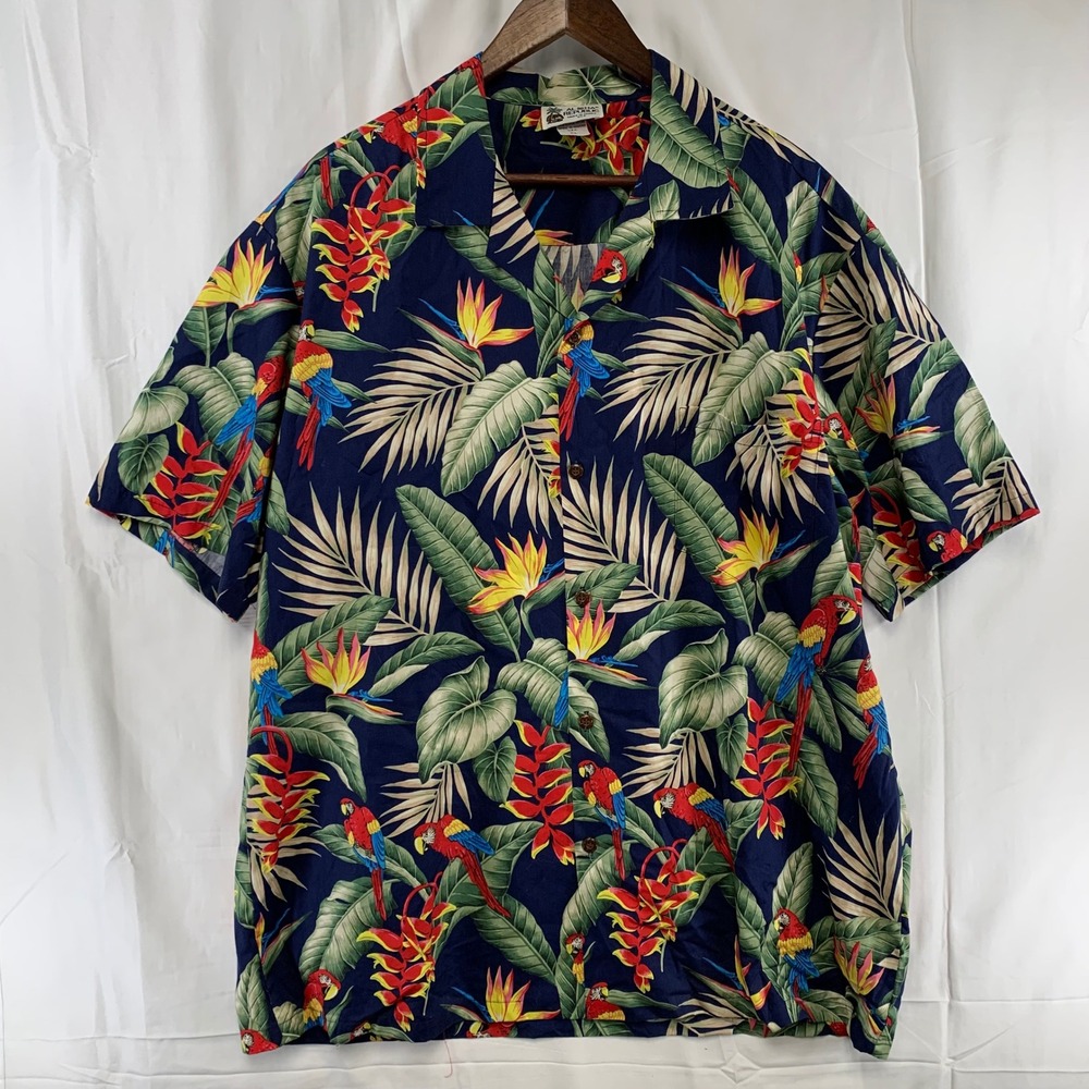 Aloha Republic Hawaiian Shirt Mens XL Navy Blue Parrot Floral Made in Hawaii